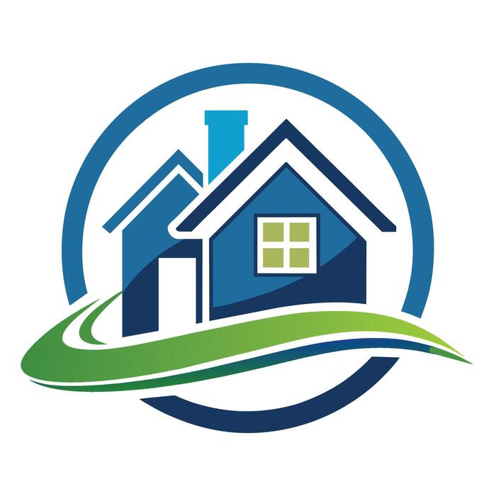blue and green house logo design with circle and grass free vector
